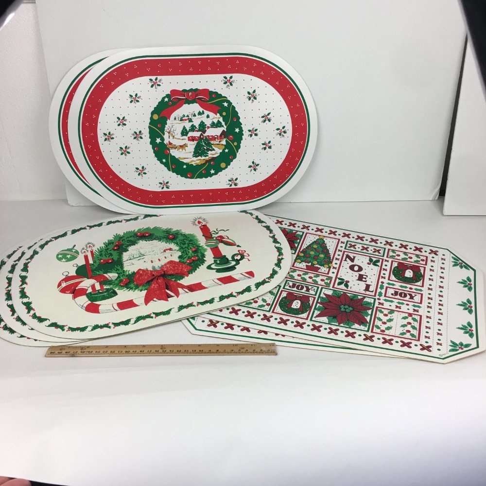 Vtg Lot of 7 Christmas Holiday Winter Vinyl Placemats Kitchen Dinner Dining READ